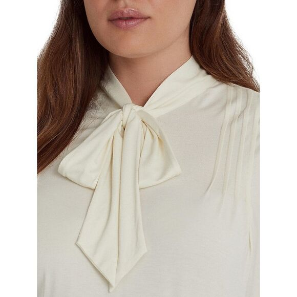 New! RALPH LAUREN Women's Pintuck Tie-Neck Jersey Top Blouse Size 1X Color Cream - Picture 3 of 7
